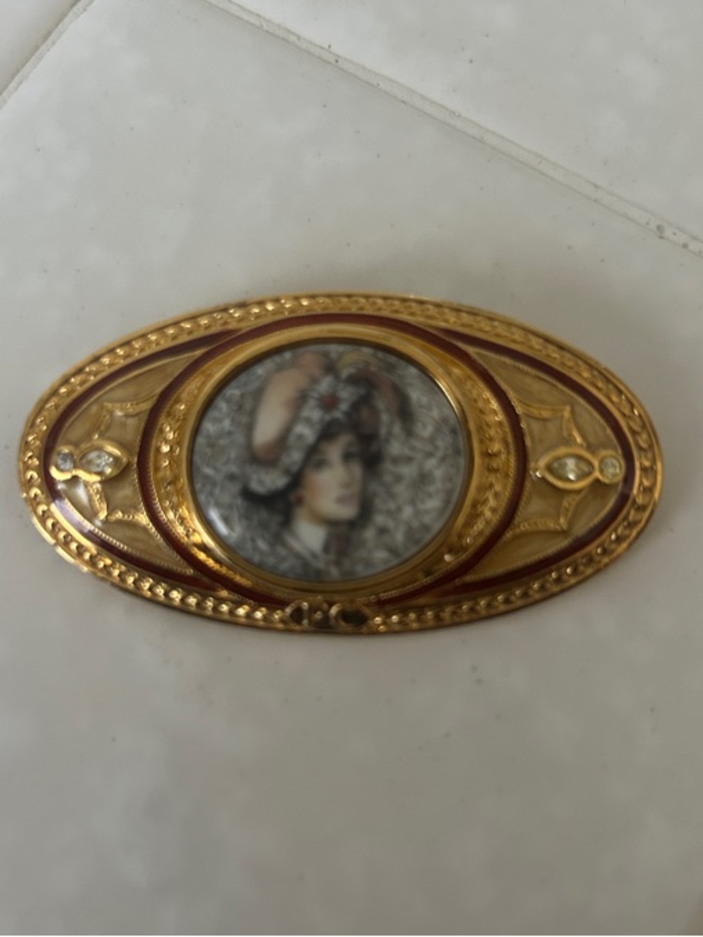 Gold-Tone Portrait Brooch with Brown and Cream Enamel Accents